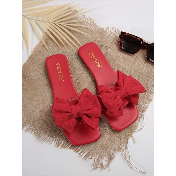 Women's Bow Red Square Toe Flat Summer Sandals Slides Slip On Shoes - Picture 4 of 6
